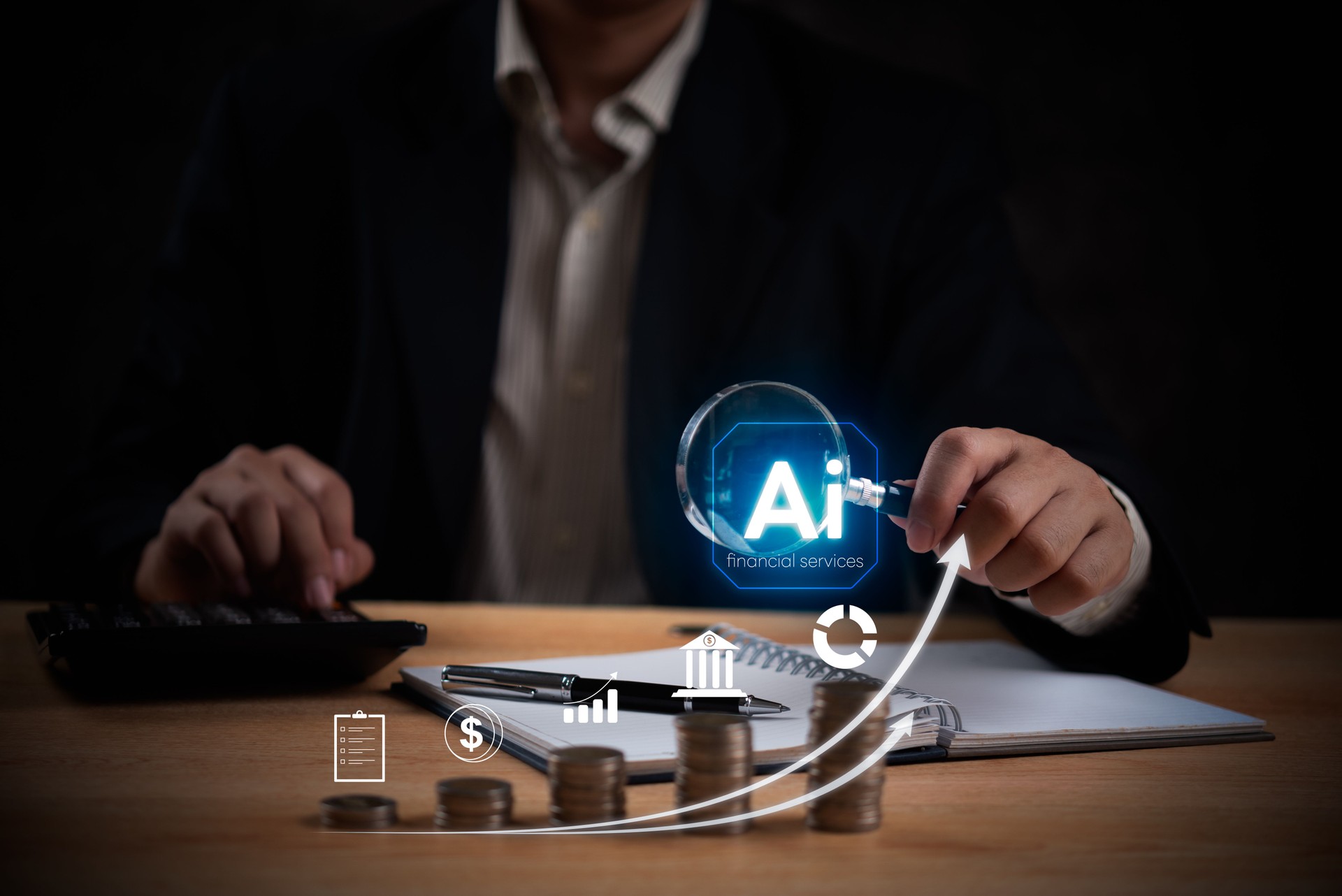 Hand using AI technology for financial services, with coins and financial icons. Perfect for fintech articles, AI innovation presentations, or digital finance solutions.